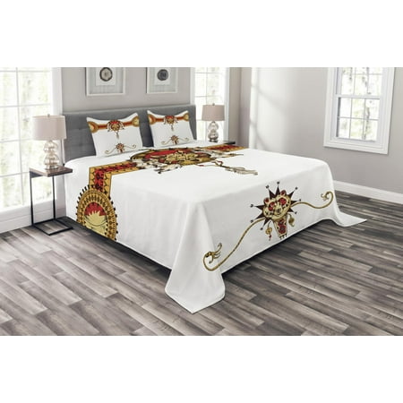 Wolf Bedspread Twin Wolf Bedspread Set, Hand Drawn Tribal Illustration with Ethnic Animal Bear Totem Abstract, Decorative Quilted Coverlet Set with Pillow Shams Included, Apricot Dark Coral Brown, by Ambesonne ()
