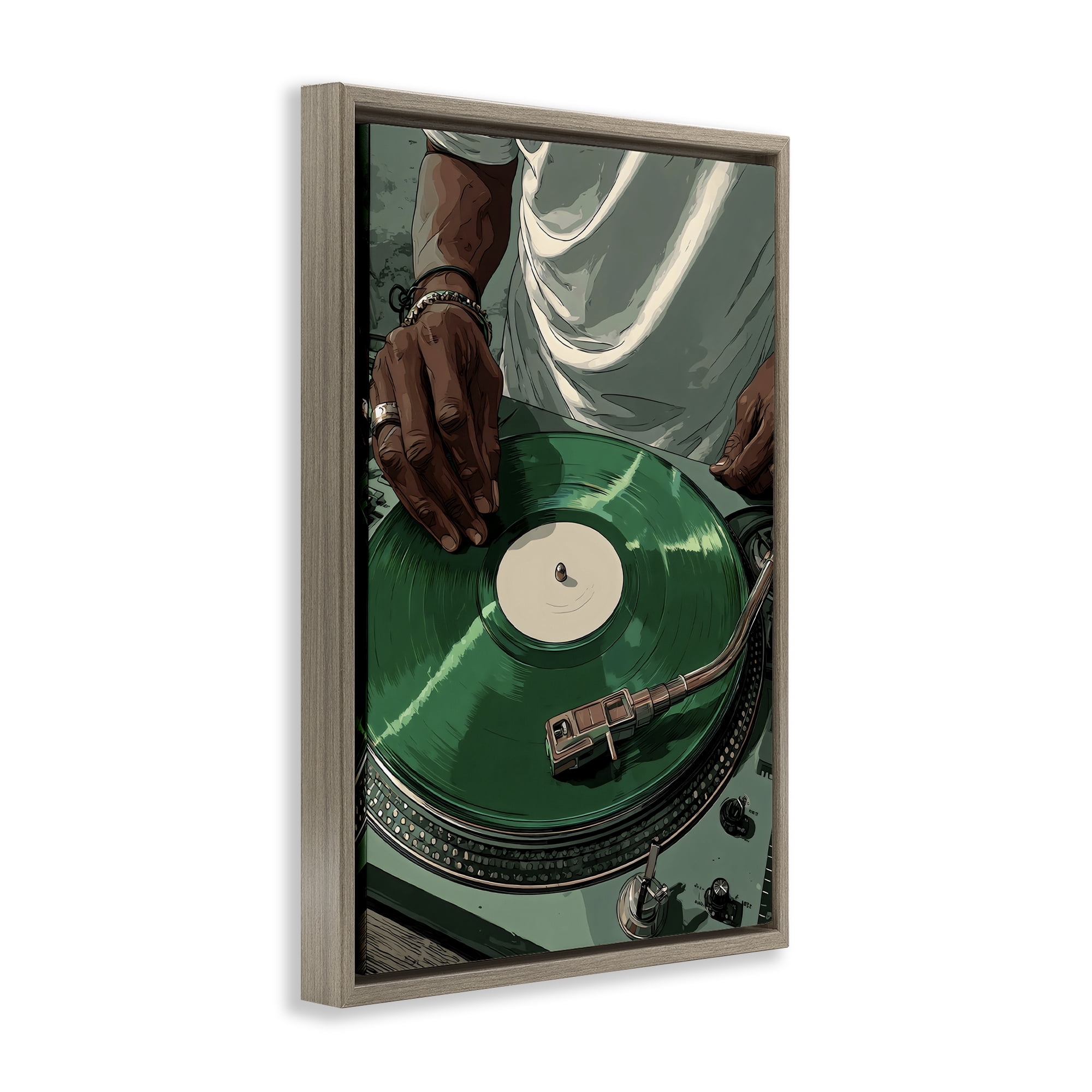 Stupell Industries DJ Spinning Green Record Brown Framed Floater Canvas Wall Art, design by Franklyn Gregory