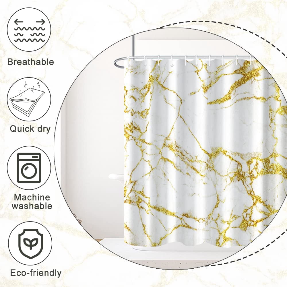 Marble Shower Curtain, Abstract Modern White and Gold Marble Shower Curtain Set for Bathroom Ink Texture Waterproof Polyester Fabric Bathroom Decor with Hooks, 72x72 Inch