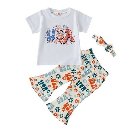 

Independence Day Children s Clothing Baby Girl Summer Letter Short Sleeved Top Letter Full Printed Trouser Suit