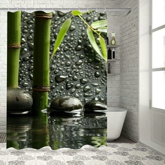 Shiartex Zen Garden Theme Stone and Wooden Bamboo on Black Shower Curtain, Polyester Fabric Yoga Bathroom Decorations,Green 60x72