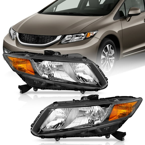Sennachine Pair for 2012-2015 Honda Civic Sedan Headlights Halogen Headlamps Black Amber Left & Right