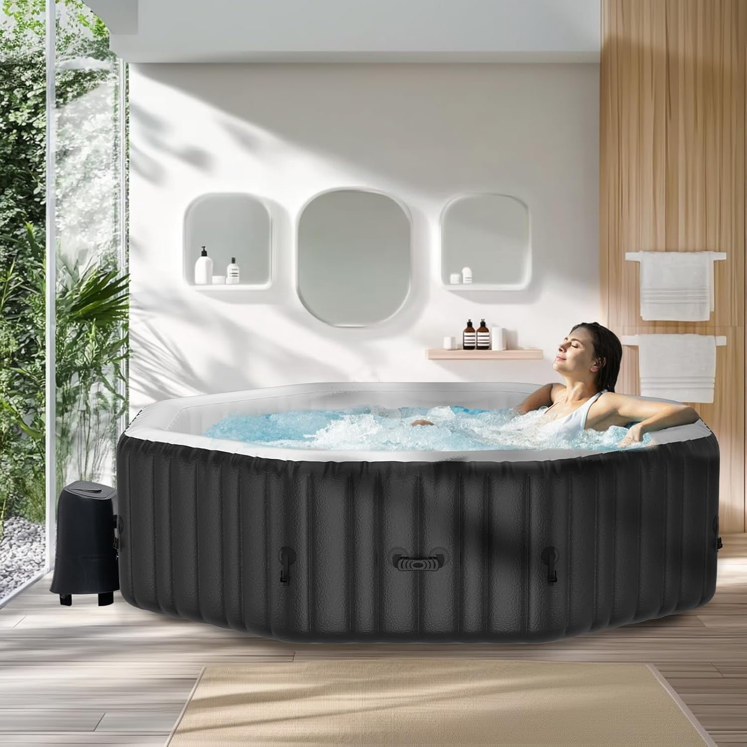 Slsy Hot Tub - 75"L X 75"W X 25"H Inflatable Hot Tub, 4-6 Person Portable Blow Up Hot Tub Square Portable Outdoor Spa with 130 Bubble Jets, Built in Heater Pump, 2 Filter