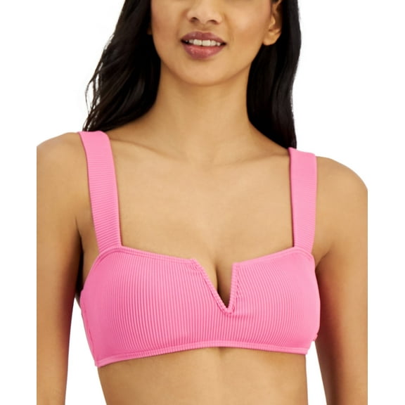 Roxy Juniors Bikini Top Swimsuit V Cut Ribbed Padded Stretch Swim Pink New