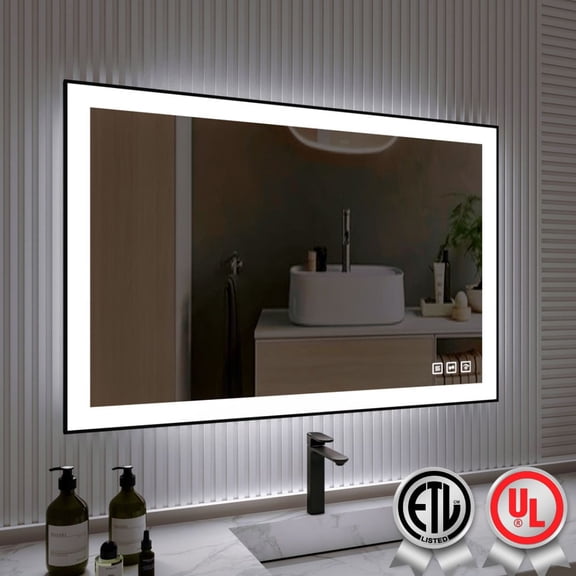 48x32 Inch Rectangular Framed LED Anti-Fog Wall Bathroom Vanity Mirror in Black with Backlit and Front Light