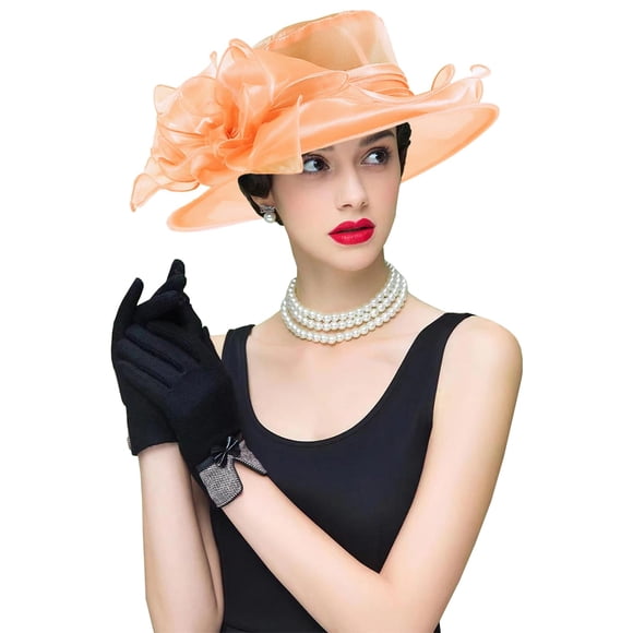 RZTA Sombrero de vestir de iglesia Kentucky Derby para mujer, ala ancha, flor de hoja, sombrero de despedida de soltera
