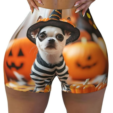 Workout Shorts Women  Halloween Cute Dog Witch Hat Biker Shorts for Women Running Gym Spandex Shorts Tummy Control