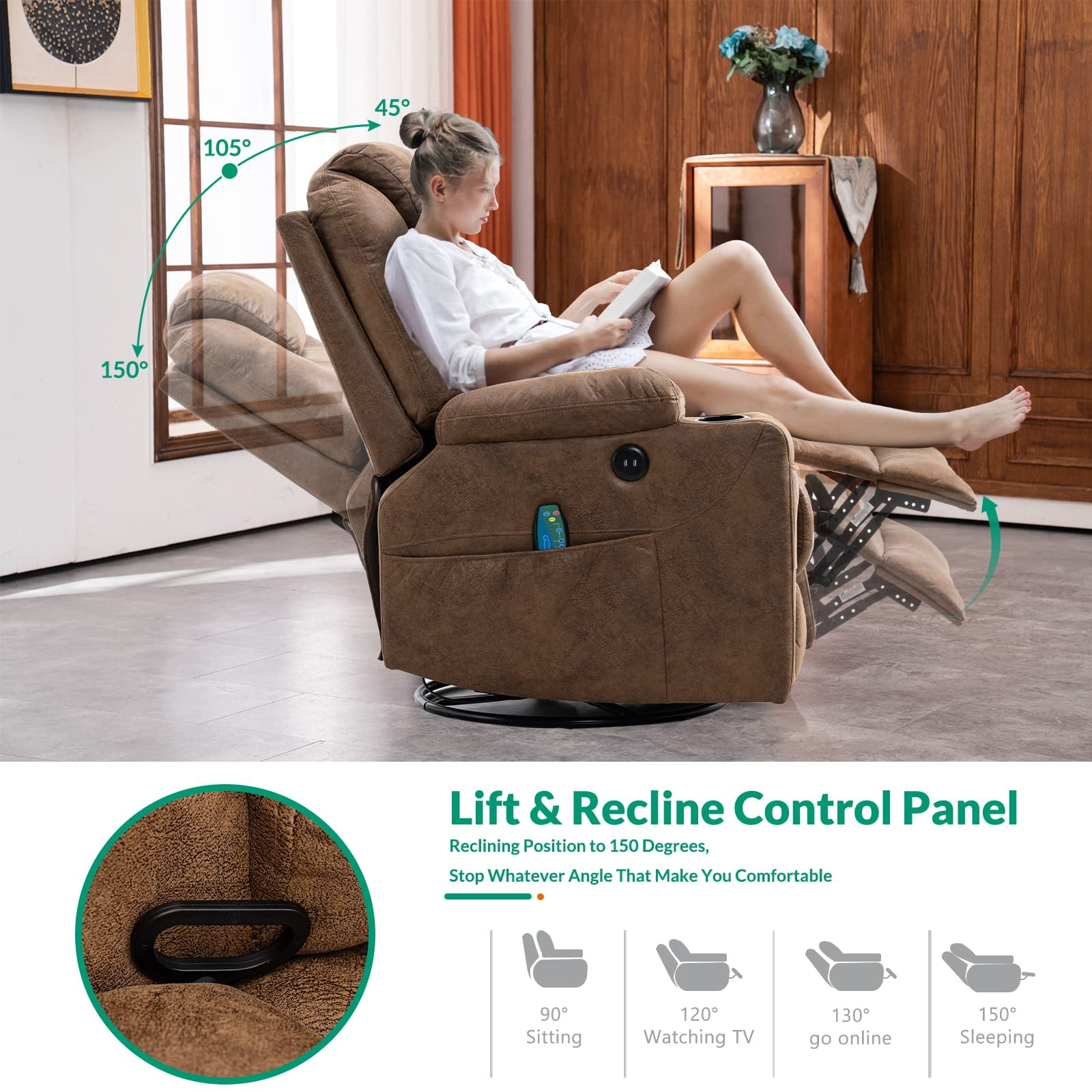 VIVIJASON Manual Massage Rocker Recliner Chair, 360° Swivel Glider Lounge Chair with Heat Ergonomic Home Theater Recliner Sofa with 2 Cup Holders, Side Pockets & USB Ports for Living Room, Brown