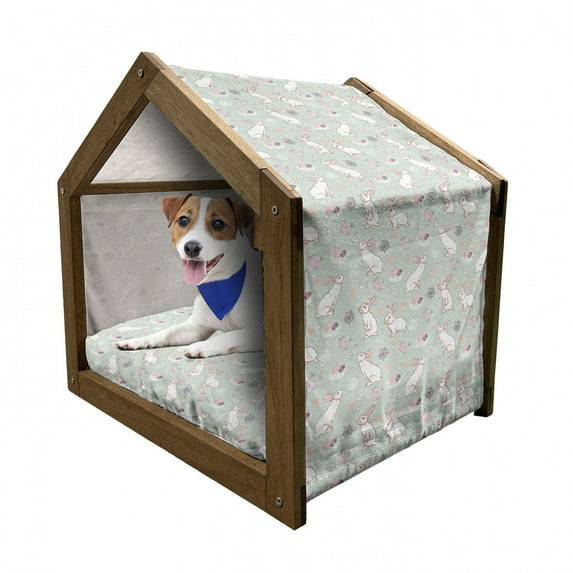 Easter Pet House, White Rabbits Smelling the Fresh Spring Air Flowers Eggs and Hearts in Pastel Colors, Outdoor & Indoor Portable Dog Kennel with Pillow and Cover, 5 Sizes, Multicolor, by Ambesonne