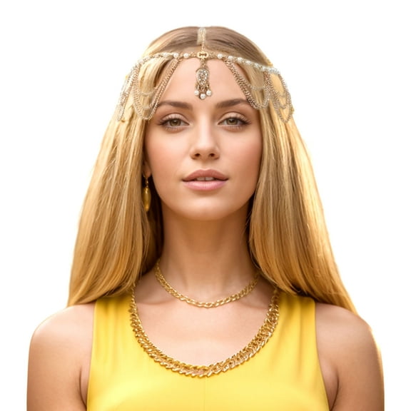 Unique Bargains 1 Pc Headpiece Faux Pearls Tassels Head Chain Gold Tone