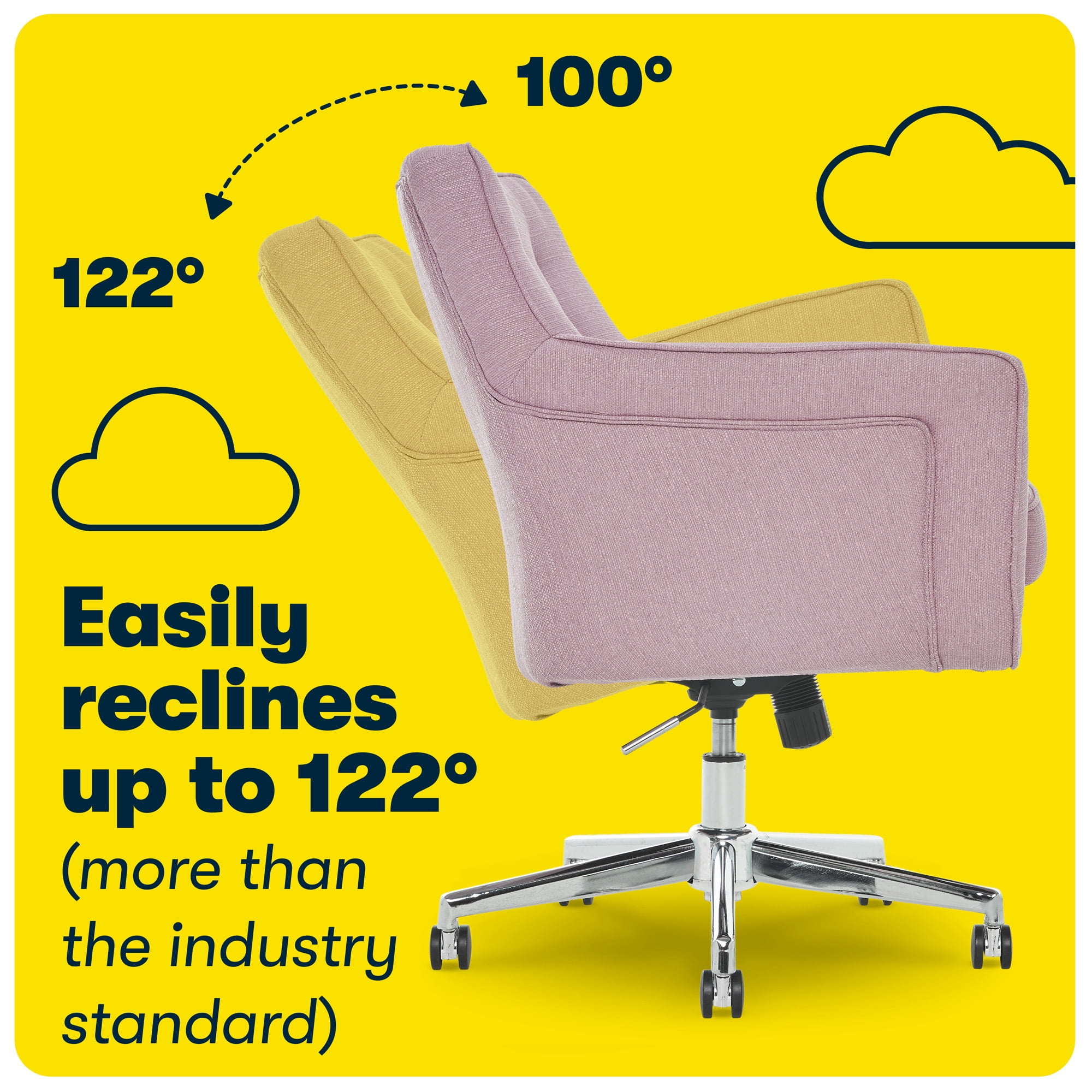 Serta Ashland Home Office Desk Chair with Button Tufted Mid-Back, Memory Foam Cushion and Padded Arms, Mid Century Modern Vanity Armchair with Wheels for Bedroom, Chrome Metal Base, Lilac