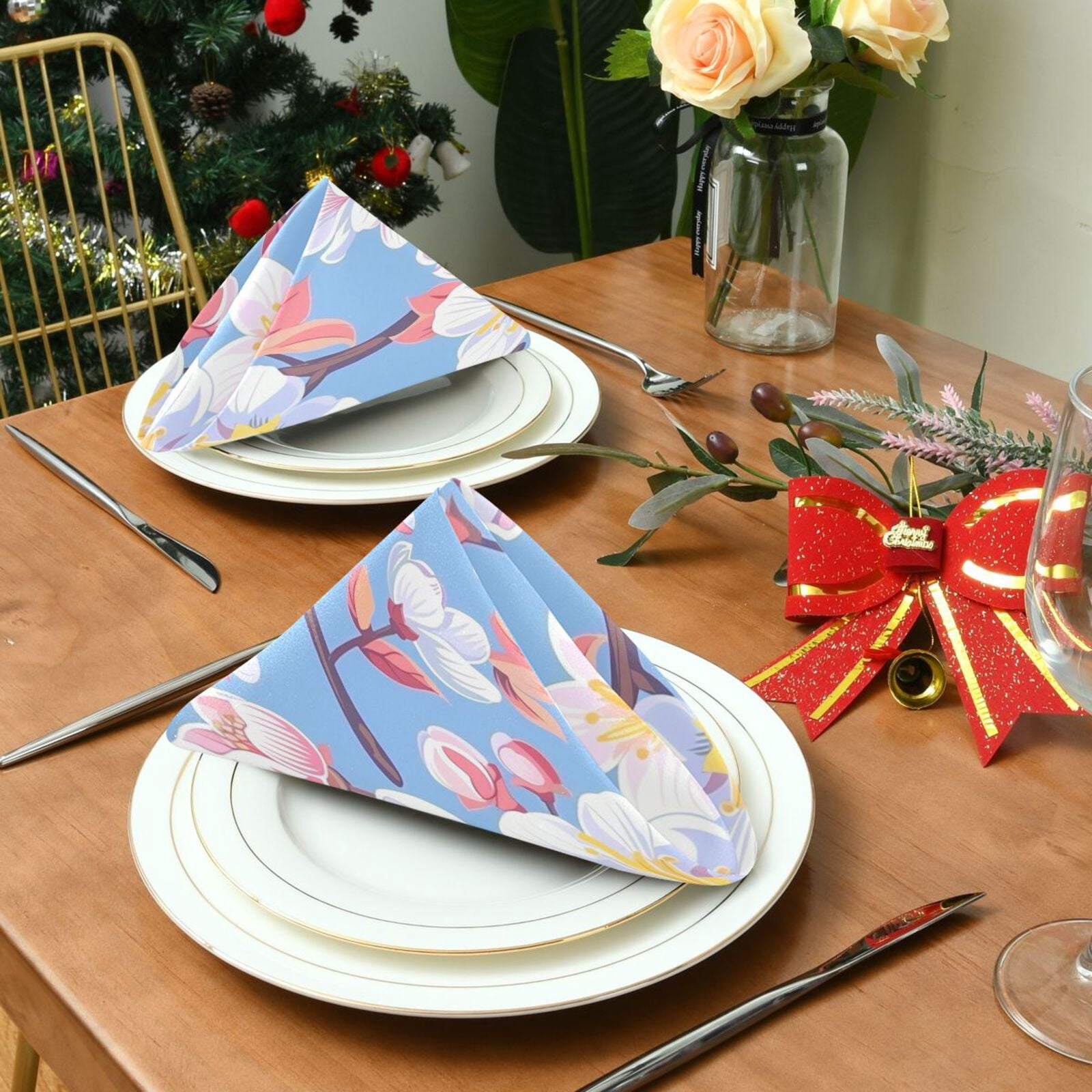 JSTEL Colorful Cherry Blossom Flower Cloth Napkins Set of 6, 20x20 Inch Washable and Reusable Napkin for Decoupage Dinner Party Everyday Use