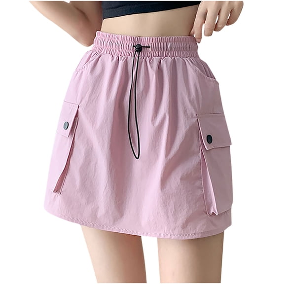 Tumotour Cargo Skirt for Women Summer Casual Loose skirt High Waist Solid color Mini drawstring Skirt with Pockets Mini Skirt