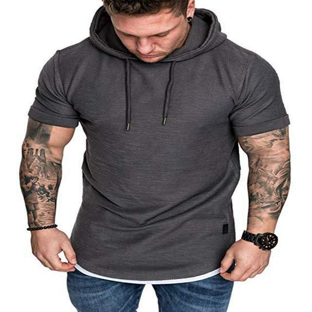 Men Solid Slub Cotton Short Sleeve Slim Fit Hooded T Shirt