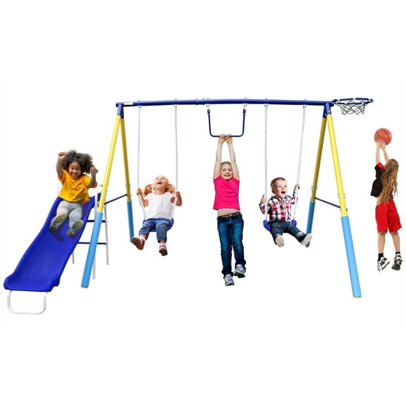 YuAnWe 5 in 1 Swing Sets for Backyard with Slide, Basketball Hoop, Two Swing Seats and Trapeze
