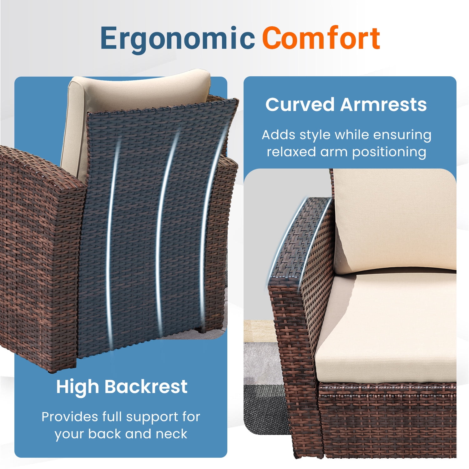 RoyalCraft 4 Piece Outdoor Patio Furniture Sets, Wicker Conversation Set for Porch Deck, Brown Rattan Sofa Chair with Cushion