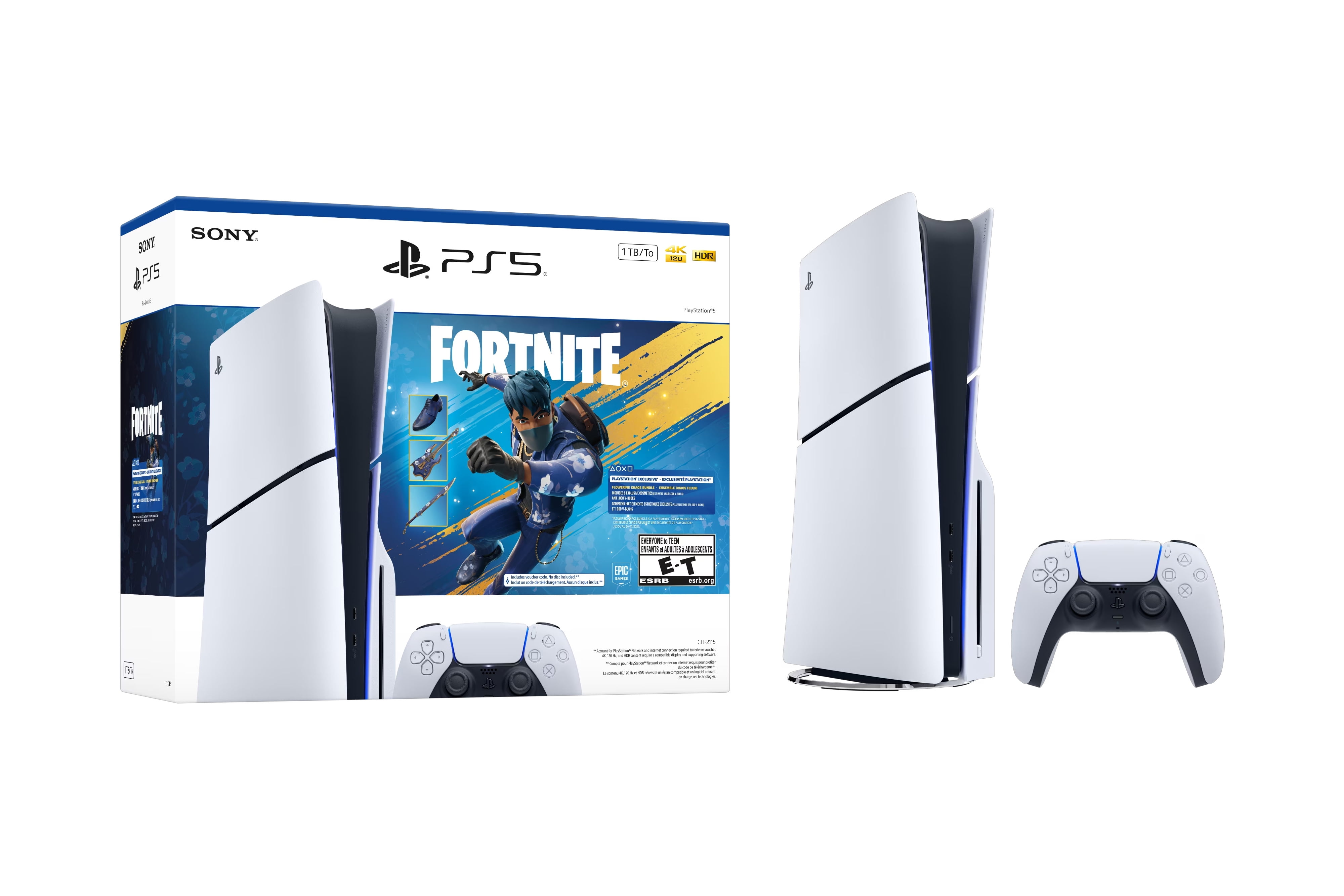 PlayStation 5 Slim Disc 2TB SSD Fortnite Flowering Chaos Bundle with Two Controllers, White and Cobalt Blue DualSense and Mytrix Hard Shell Protective Controller Case - PS5 Slim Disc Edition