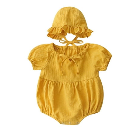 

RPVATI Baby Girls Ruched Bodysuit Short Sleeve Solid Bodysuits Infant Hat Summer Outfits 6M-24M