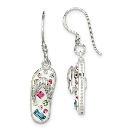 Flip White Earrings - Solid 925 Sterling Silver 8mm Stellux Crystal Multi-Color White Flip Flop Dangle Earrings