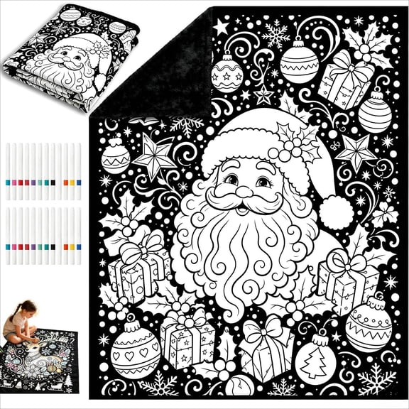Christmas Coloring Blanket, Doodle Coloring Blanket, 24 Washable Markers & Festive Outlines, Soft Double-Sided Blanket, Easy Activity for All Ages