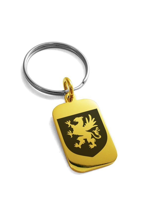 Stainless Steel Griffin Valor Coat of Arms Shield Engraved Small Rectangle Dog Tag Charm Keychain Keyring