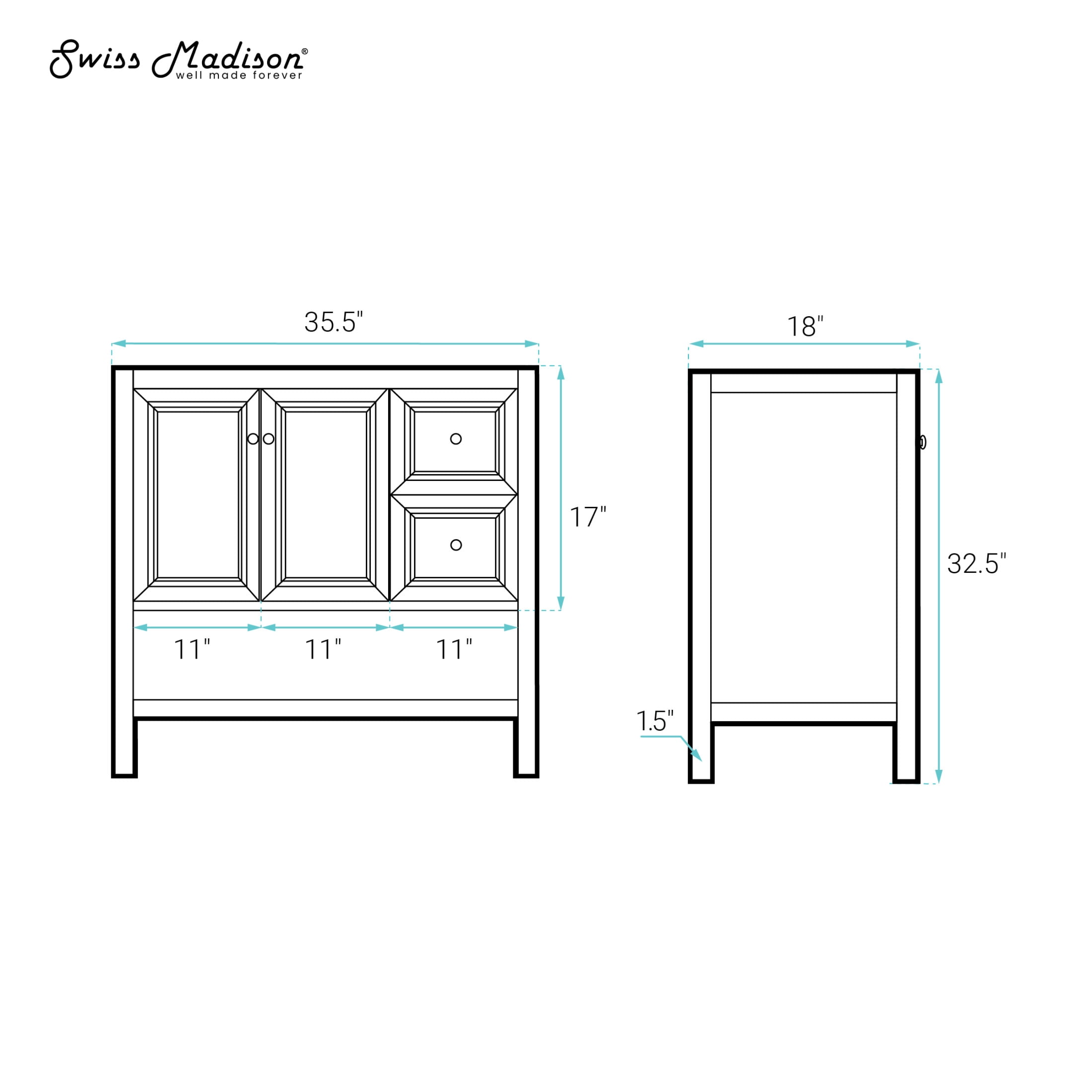 Chateau 36" Freestanding Bathroom Vanity Cabinet without Top in White Oak