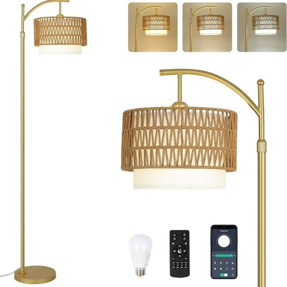 Noble House Modern Rattan Floor Lamp, Remote Dimmable, Adjustable Tall & Color Temperatures, Straight Drum Shade, Gold