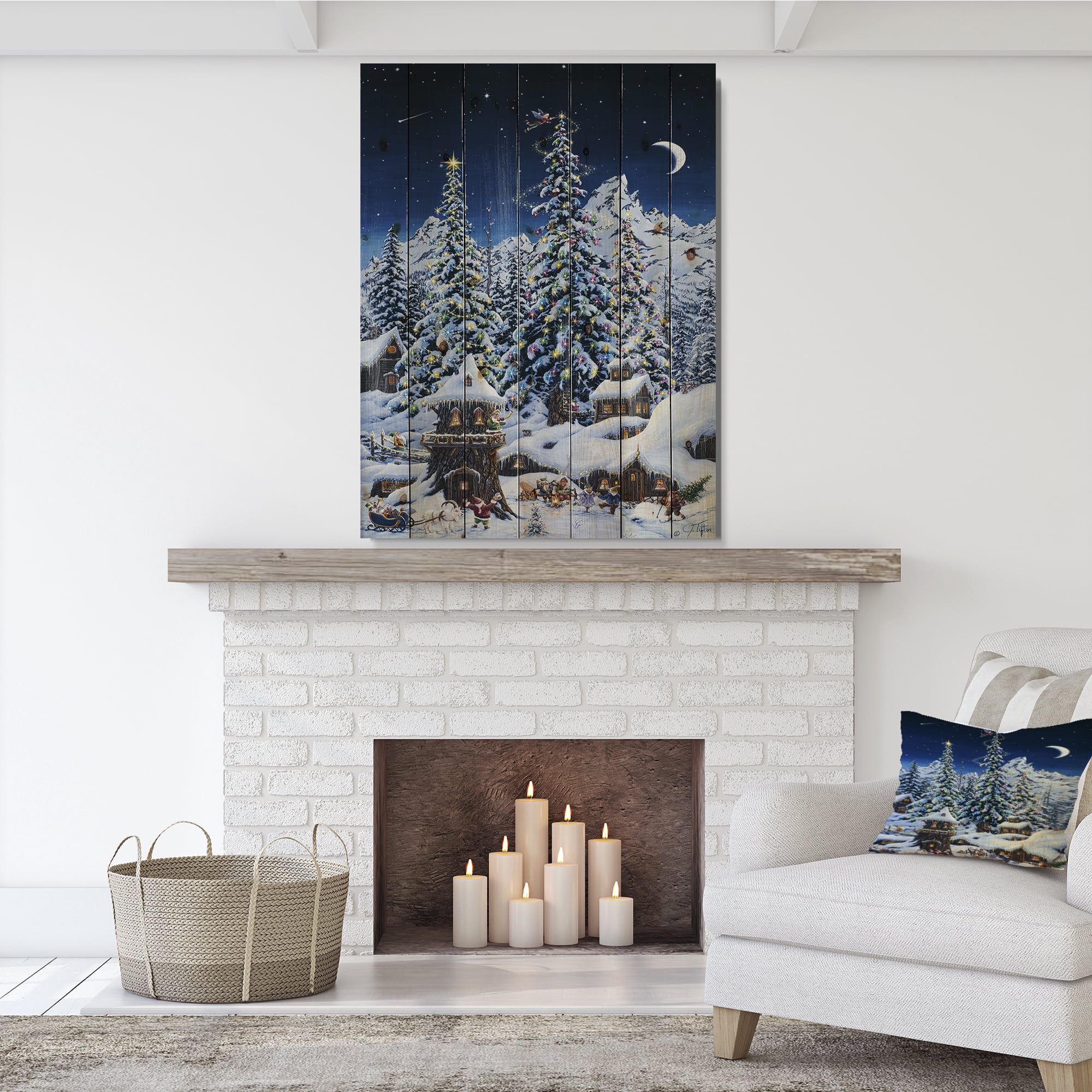 Designart 'Elf houses under large lighted Christmas trees' Print on Natural Pine Wood