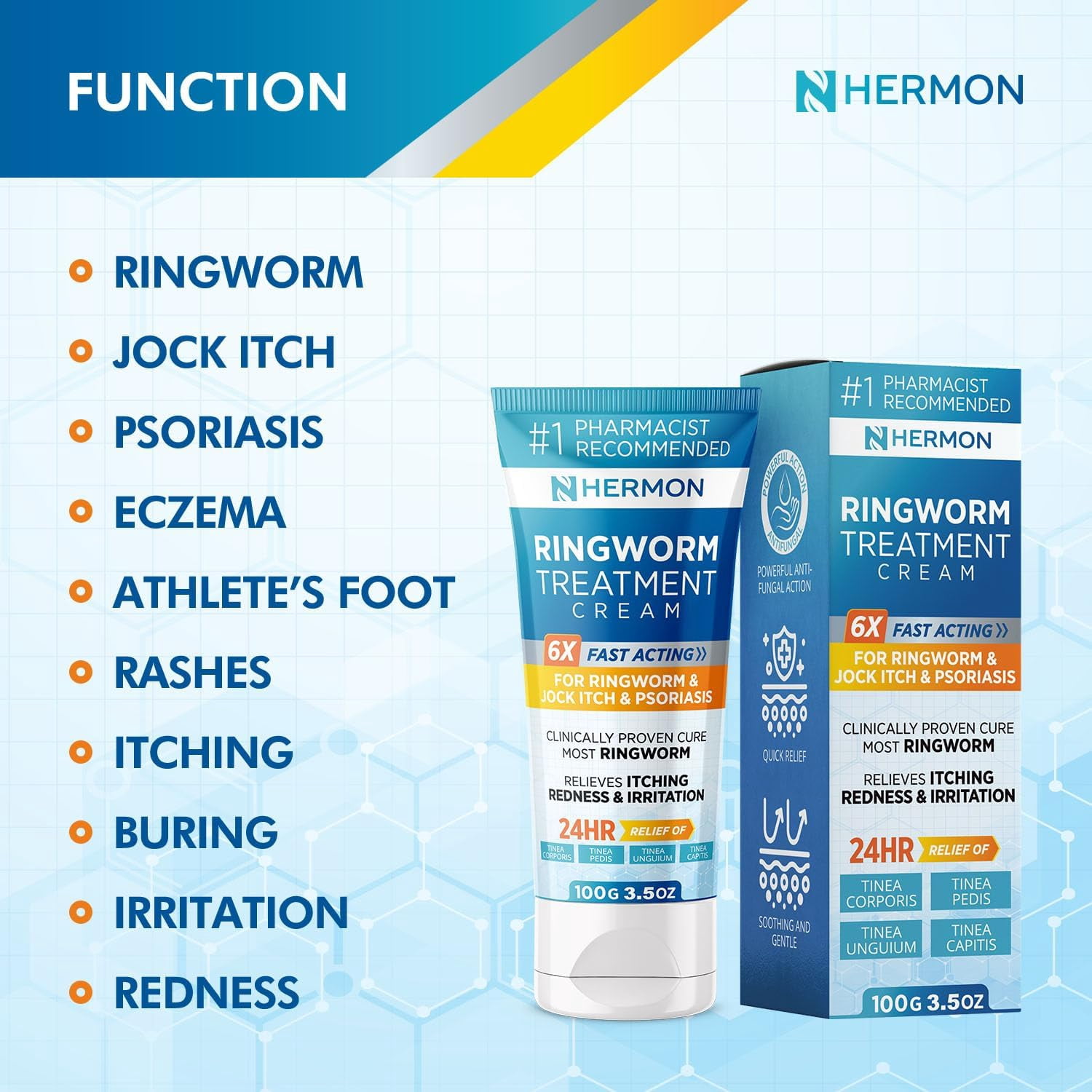 Hermon Powerful Antifungal Ringworm Cream - Treatment for Ringworm, Jock Itch, Eczema, Tinea Versicolor, Athlete's Foot  - 100ml