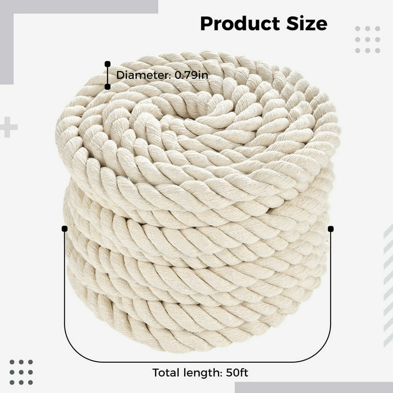 Cotton Rope, Strong 0.79in 3-Strand Twist Rope, 50ft Twisted Cord for DIY Bed Swings, Pet Toys, Baskets, Bags, Decorative Projects(Beige)