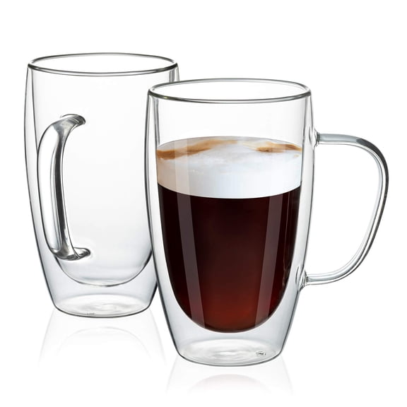 16oz/2 pack Coffee Mugs,Thickened Clear Glass Double Wall Cup with handle for Coffee, Tea, Latte, Cappuccino