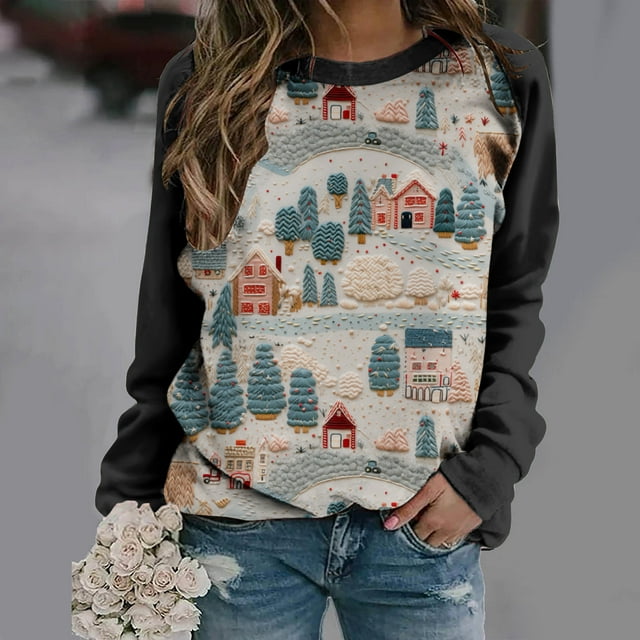 Birdeem Blouse de Noël Imprimée à Manches Longues pour Femmes, Col Rond, Tunique Décontractée