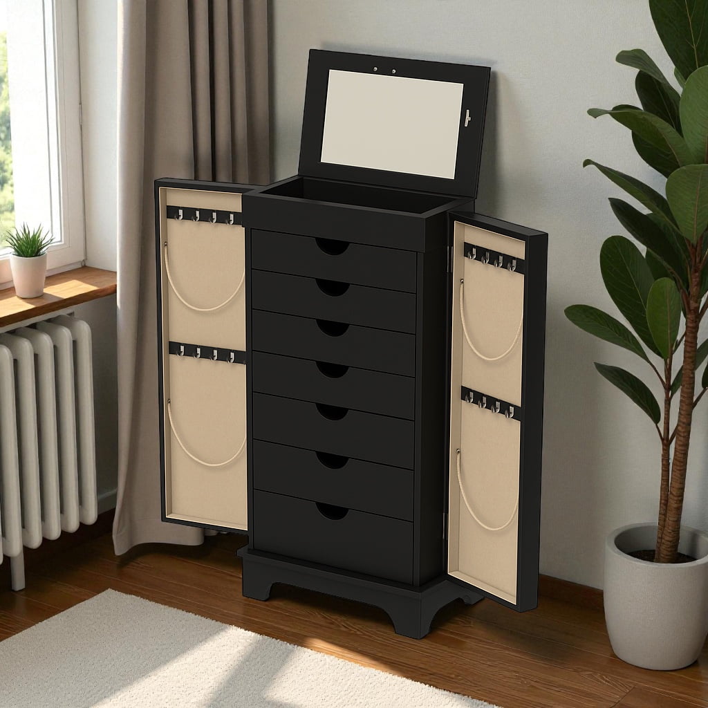 Hives & Honey Port Elegant Charcoal Jewelry Armoire: Freestanding, Lockable Wooden Cabinet for Women