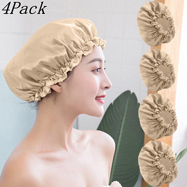 Djiypn Bonnets de Douche pour Femmes, 4 Pcs Bonnets de Bain Élastiques et Réutilisables, Bonnet de Douche à Double Couche, Bonnets de Douche Imperméables, Bonnet de Bain Lavable pour Cheveux - Or Rose