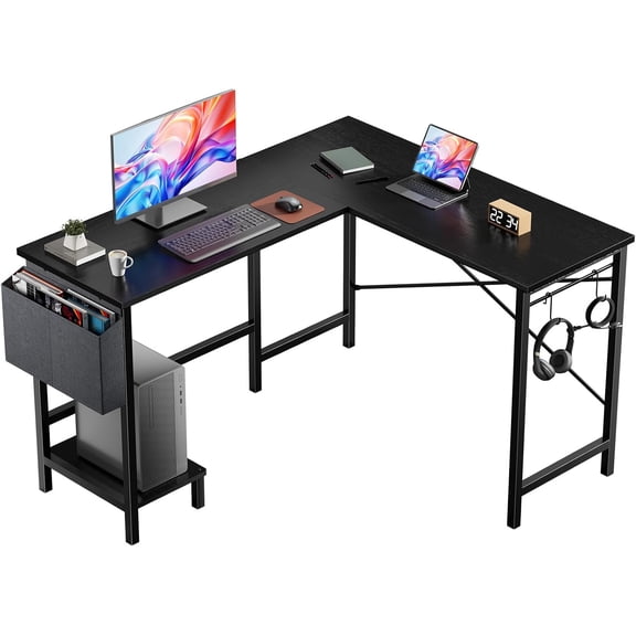 50 Inch L Shaped Computer Corner Desk with PC Stand, Gaming Desk with Storage Bag and Side Hook for Home Office, Sturdy Metal Frame