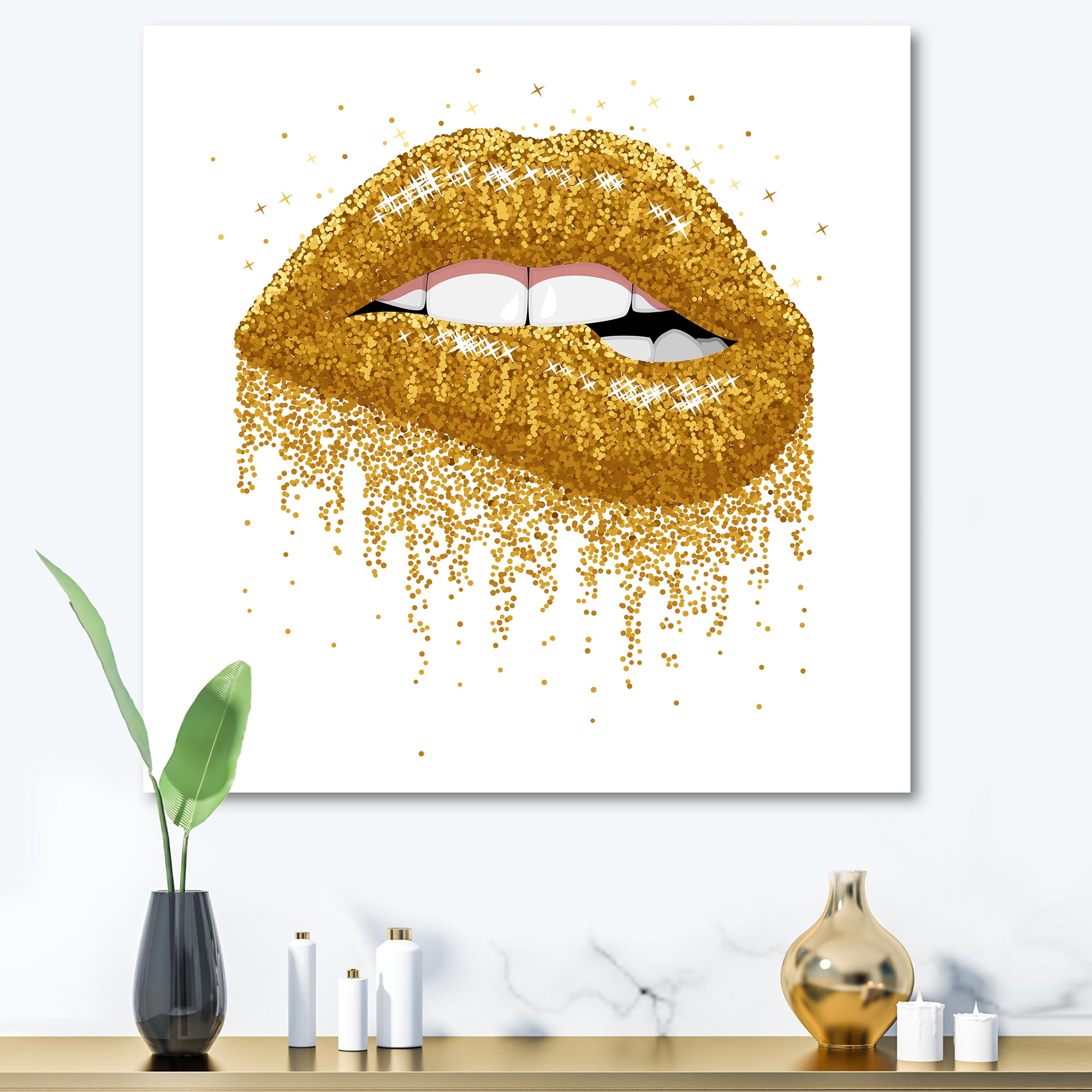 Designart ' Girl Lips With Glitter Gold Sparkles ' Modern Canvas Wall Art Print