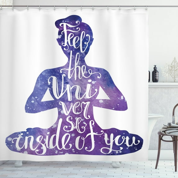 Yoga Shower Curtain, Female Silhouette with Watercolor Space Design Inspirational Quote Meditation, Fabric Bathroom Set with Hooks, 69W X 75L Inches Long, Violet and White, by Ambesonne