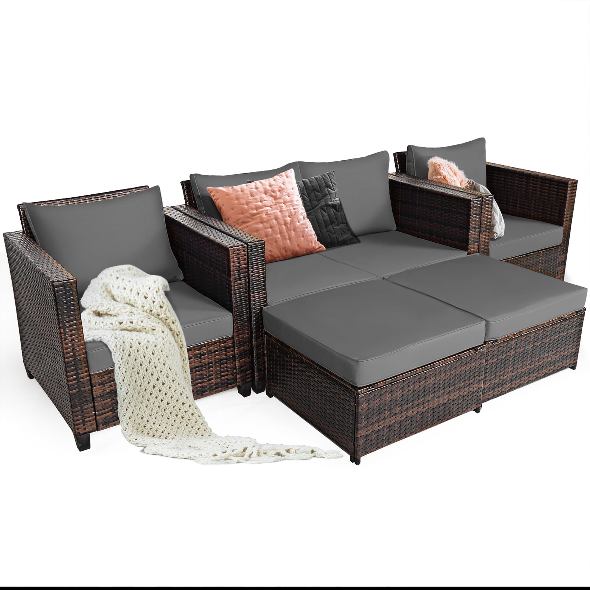 Gymax 5PCS Outdoor Patio Rattan Conversation Sofa Furniture Set w/ Grey Cushions