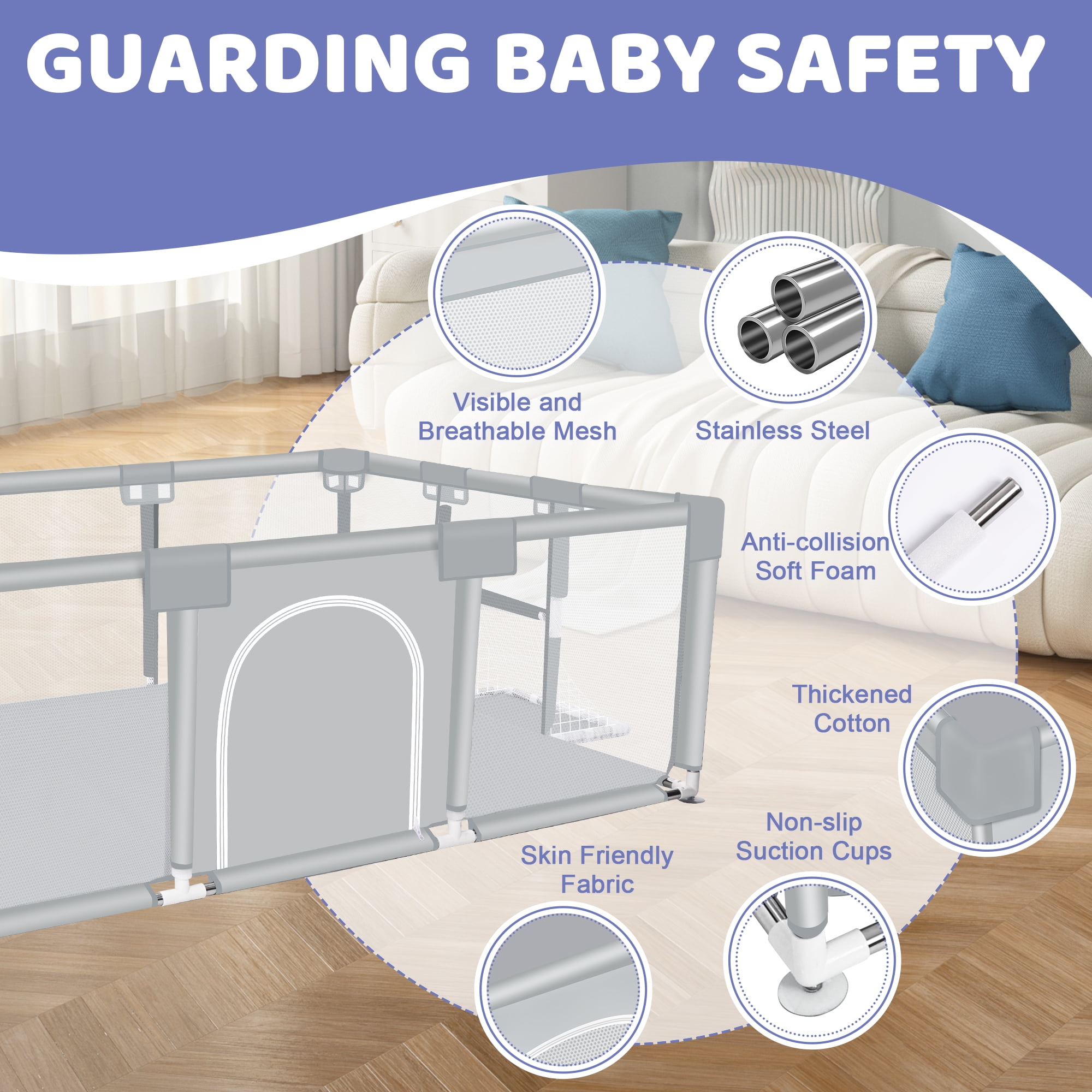 Baby Playpen, HDJ 71 inch Extra Large Baby Play Yard with Soft Breathable Mesh, Play Fence for Infant and Toddlers, Anti-Slip Base, Gray