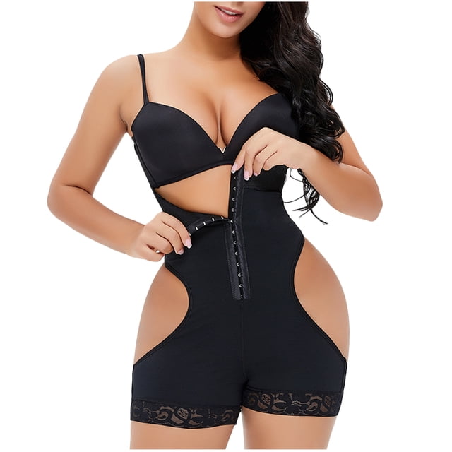 body moldeador de cuerpo completo para mujer, ropa moldeadora de control firme corsé levantador fridja nalpqowj30171 Modelo frontal mostrando body moldeador negro con cierre frontal de ganchos, tirantes delgados, paneles laterales de cadera descubierta y terminación de encaje en los muslos; tela lisa de poliéster y fondo blanco minimalista. A menudo usado debajo de la ropa para perfilado del torso.