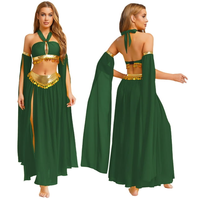 Aiihoo Ensemble de Costume de Danse Orientale 4 Pcs pour Femmes, Robe à Ourlet Doré et Manches Longues, Vert P