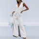 thumbnail image 1 of ICHUANYI Clearance Women's Two Piece Solid Cotton Linen Short Sleeve V Neck Open Back Tops And Pants Set(White, XL) ICHUANYI WER2023080806025, 1 of 8