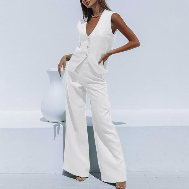 ICHUANYI Clearance Women's Two Piece Solid Cotton Linen Short Sleeve V Neck Open Back Tops And Pants Set(White, M) ICHUANYI WER2023080806023