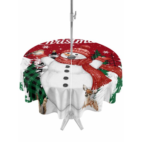 Outdoor Table Cloth with Umbrella Hole and Zipper, Red Snowman Christmas Waterproof Round Tablecloth 54 Inch, Winter Xmas Tree Snowflake Washable Table Cover for Outside Party Patio Picnic