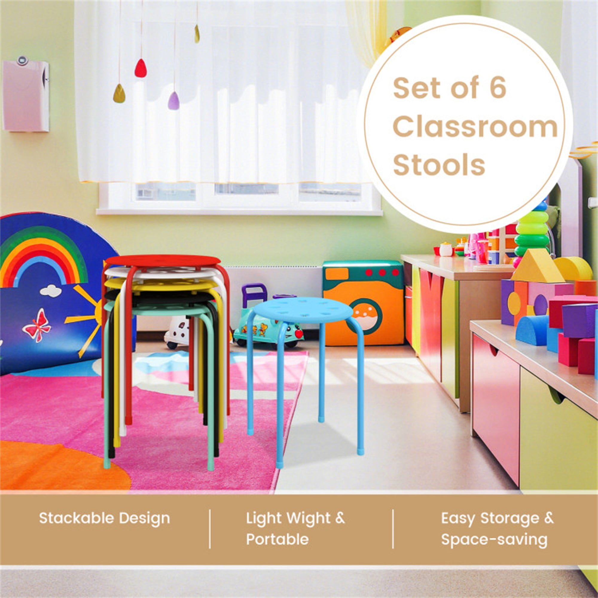 Demi Bonn Set of 6 Portable Plastic Stack Stools, Dining Chairs with Stackable Space Saving Design, Multicolor