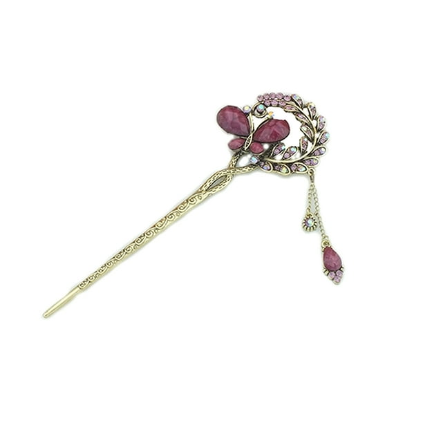 Women Girls Vintage Crystal Butterfly Hairpin Leaf Hair Clip Stick  Chopsticks with Chain Tassel 