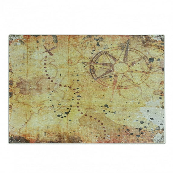 Island Map Cutting Board, Antique Treasure Map Grunge Rusty Style Parchment Print History Theme Boho Design, Decorative Tempered Glass Cutting and Serving Board, Small Size, Beige, by Ambesonne