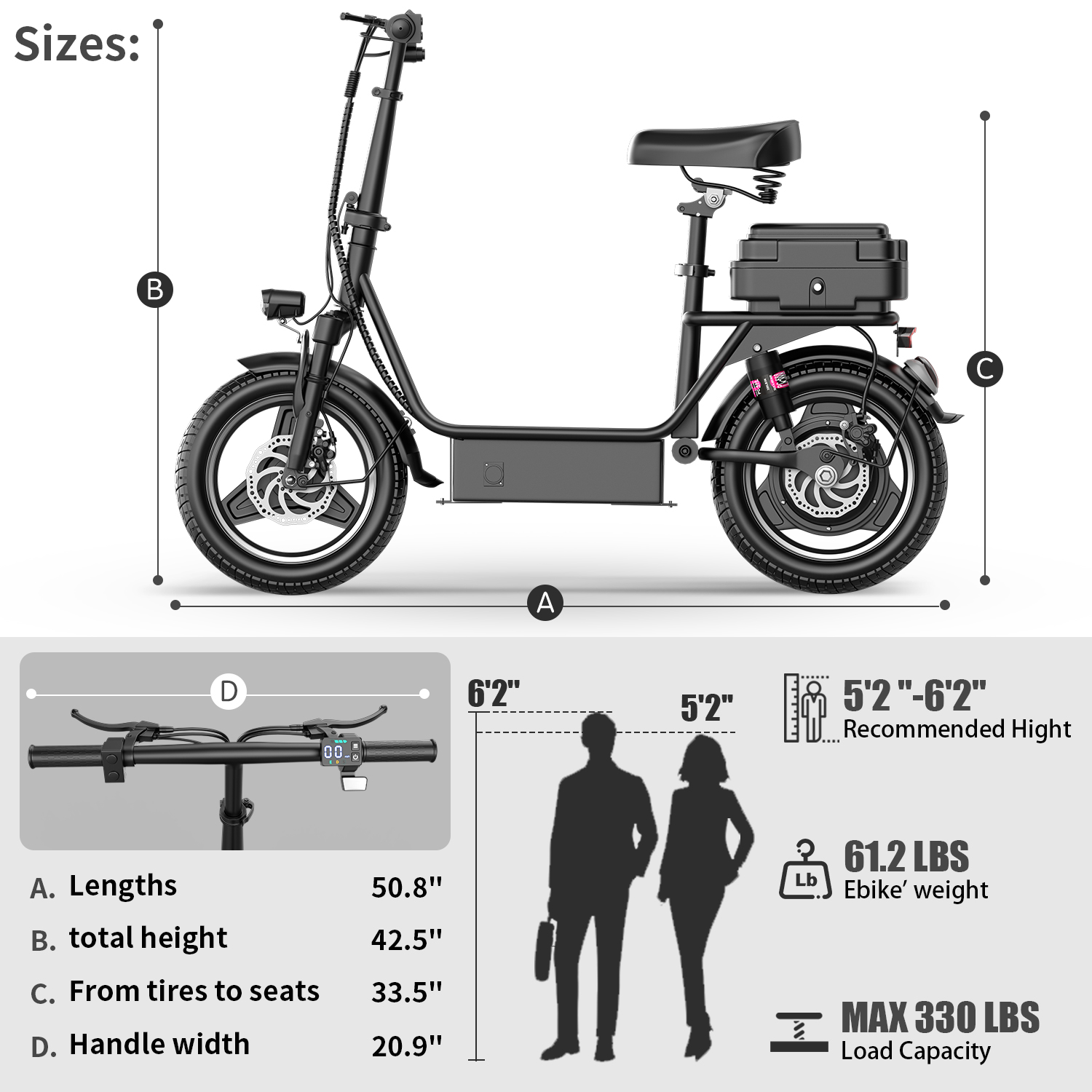 Electric Scooter with Seat, Peak 1200W, 25 MPH and 45 Miles, 14" Tire,48V 16.5AH 500Wh Battery Dual Shock Absorbing Scooter with Basket Box,E Scooter for Adults Commuter & Urban Travel