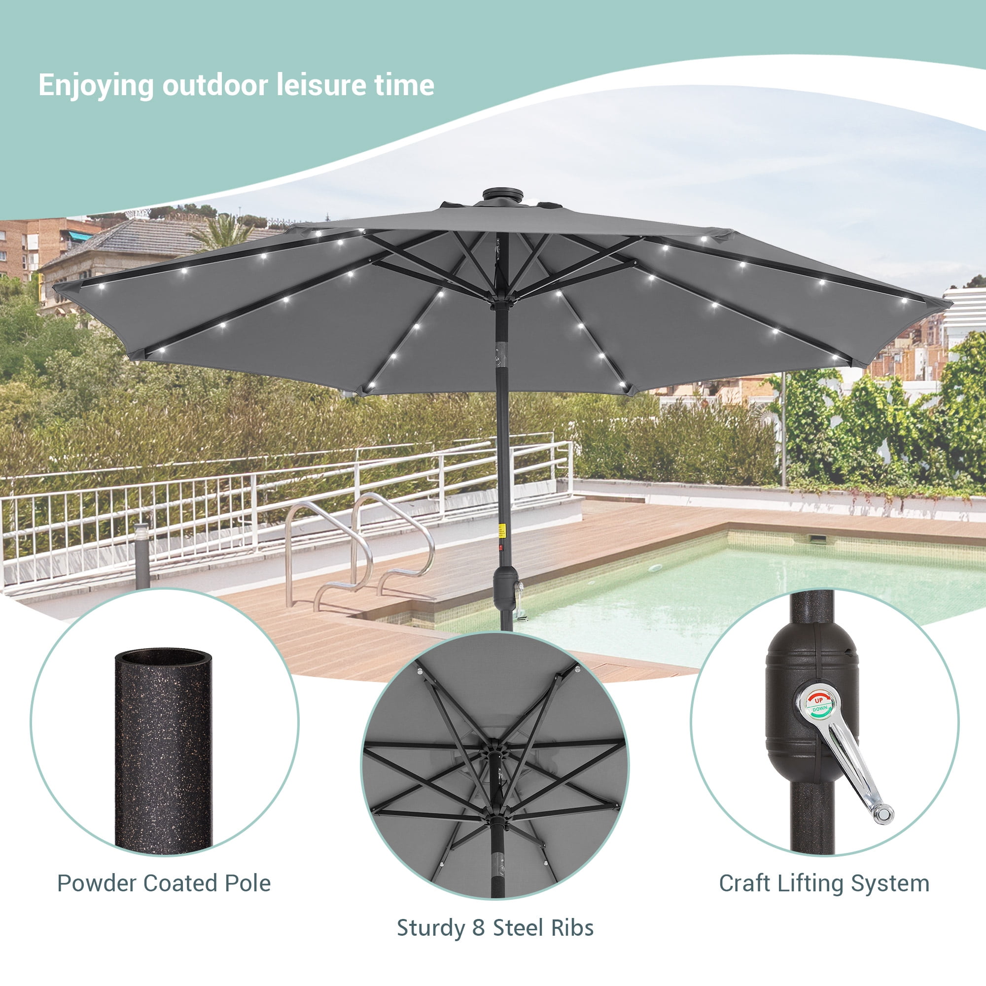 CHYVARY 9ft LED Round Patio Umbrella Outdoor Table Umbrella for Deck, Poolside and Garden, Cold Gray