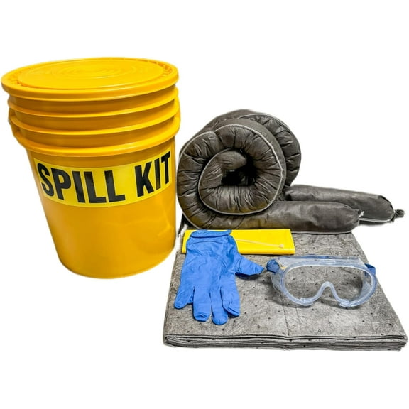 Original Bucket Spill Kit - Universal Absorbents & 5-Gallon Yellow Bucket - Spill Pads & Absorbent Socks for Water, Oil Spill Clean Up and More - Absorb 5 Gallons of Fluid (Made in USA)